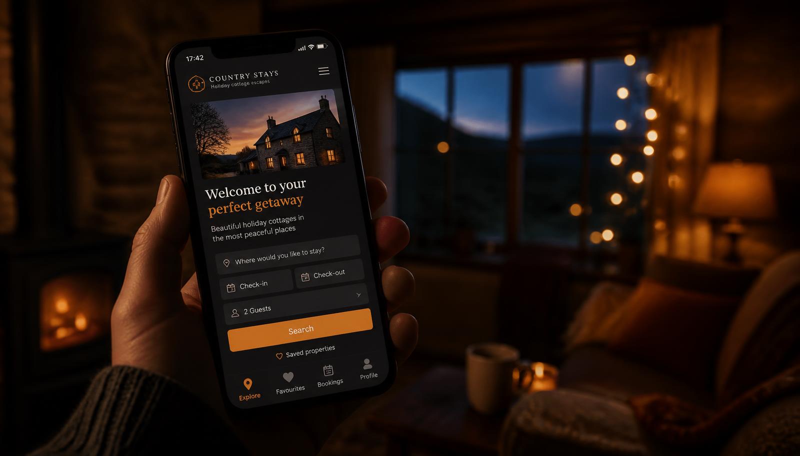 Cozy UK holiday cottage at dusk