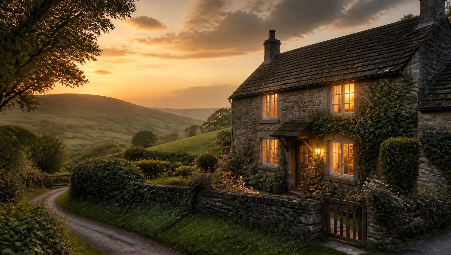 UK holiday let stone cottage at dusk in the British countryside